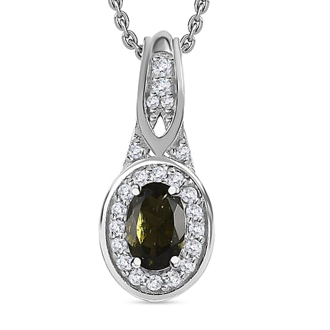 Moldavite & Natural Zircon Pendant with Chain (Size 20) in Platinum Overlay Sterling Silver 0.50 Ct.