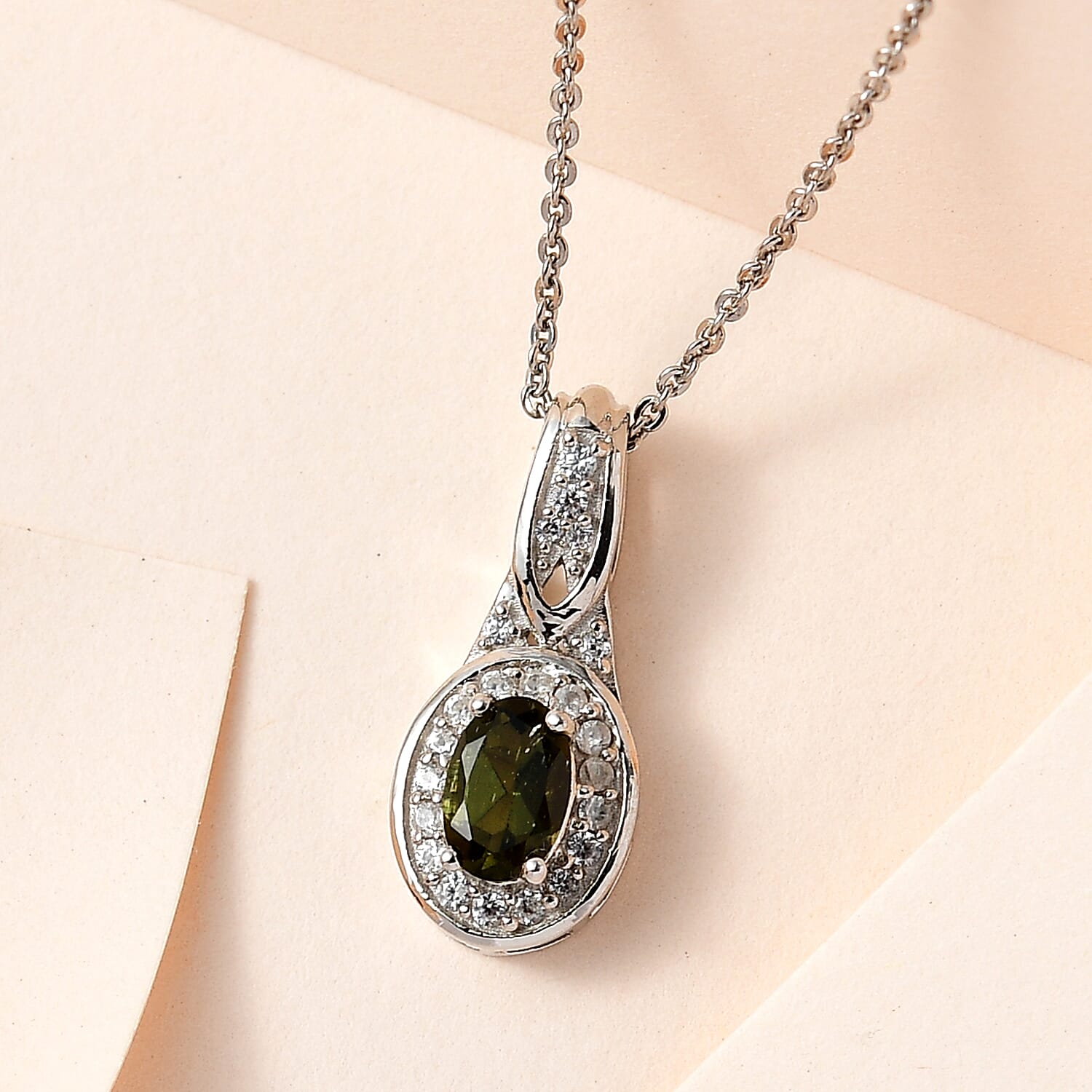 Moldavite & Natural Zircon Pendant with Chain (Size 20) in Platinum Overlay Sterling Silver 0.50 Ct.