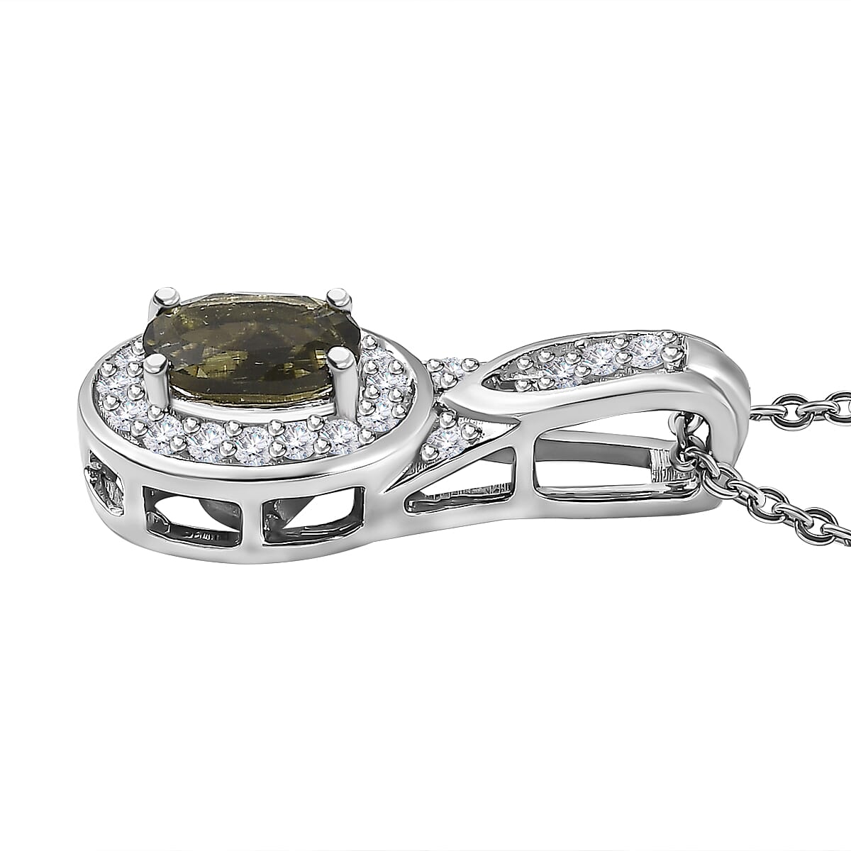 Moldavite & Natural Zircon Pendant with Chain (Size 20) in Platinum Overlay Sterling Silver 0.50 Ct.