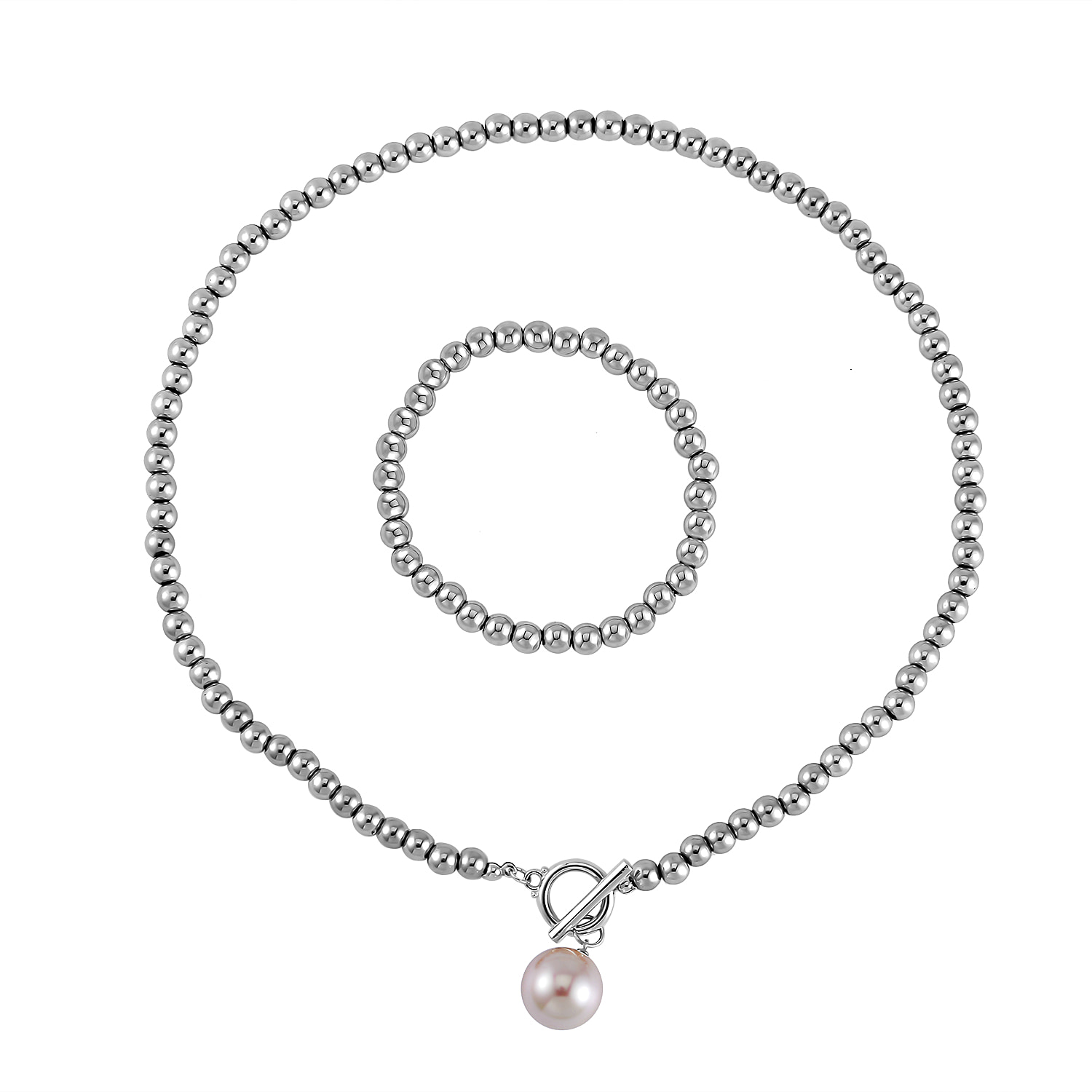 2 Piece Set - Hematite & White Shell Pearl Necklace (Size 19.5) and Adjustable Bracelet (Size 7.25)