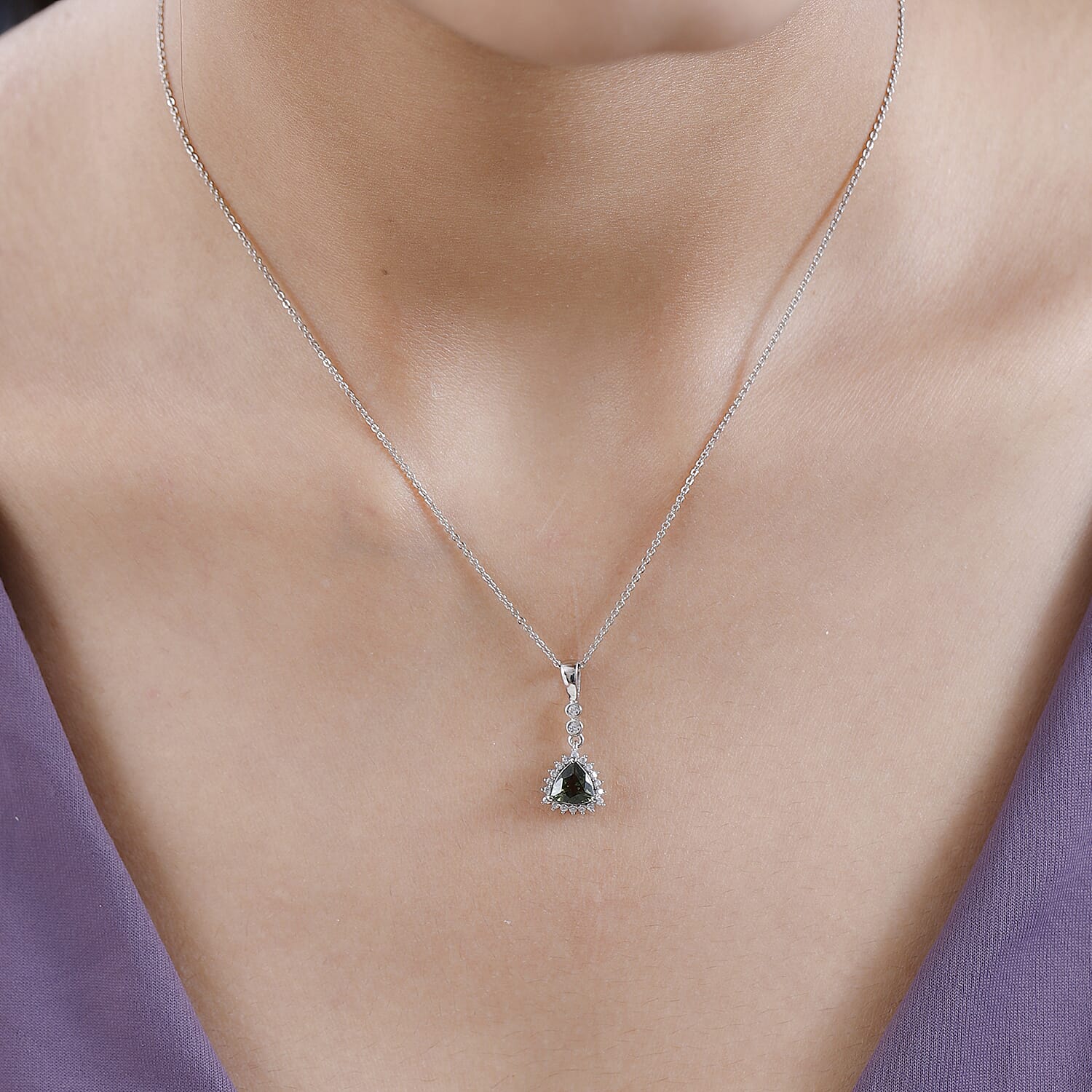 Moldavite & Natural Zircon Pendant with Chain (Size 20) in Platinum Overlay Sterling Silver
