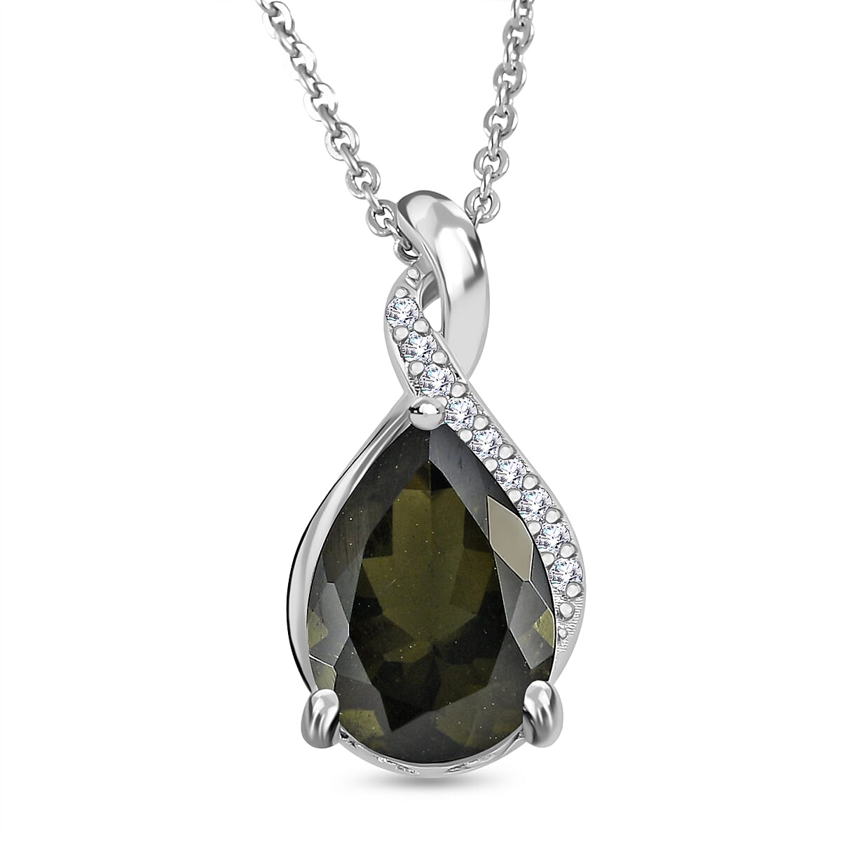 Moldavite & Natural Zircon Pendant with Chain (Size 20) in Platinum Overlay Sterling Silver 2.46 Ct.