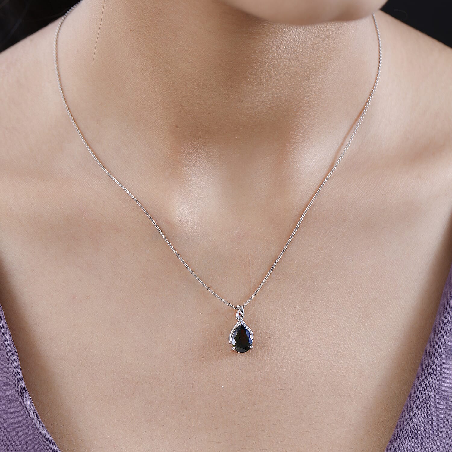 Moldavite & Natural Zircon Pendant with Chain (Size 20) in Platinum Overlay Sterling Silver 2.46 Ct.