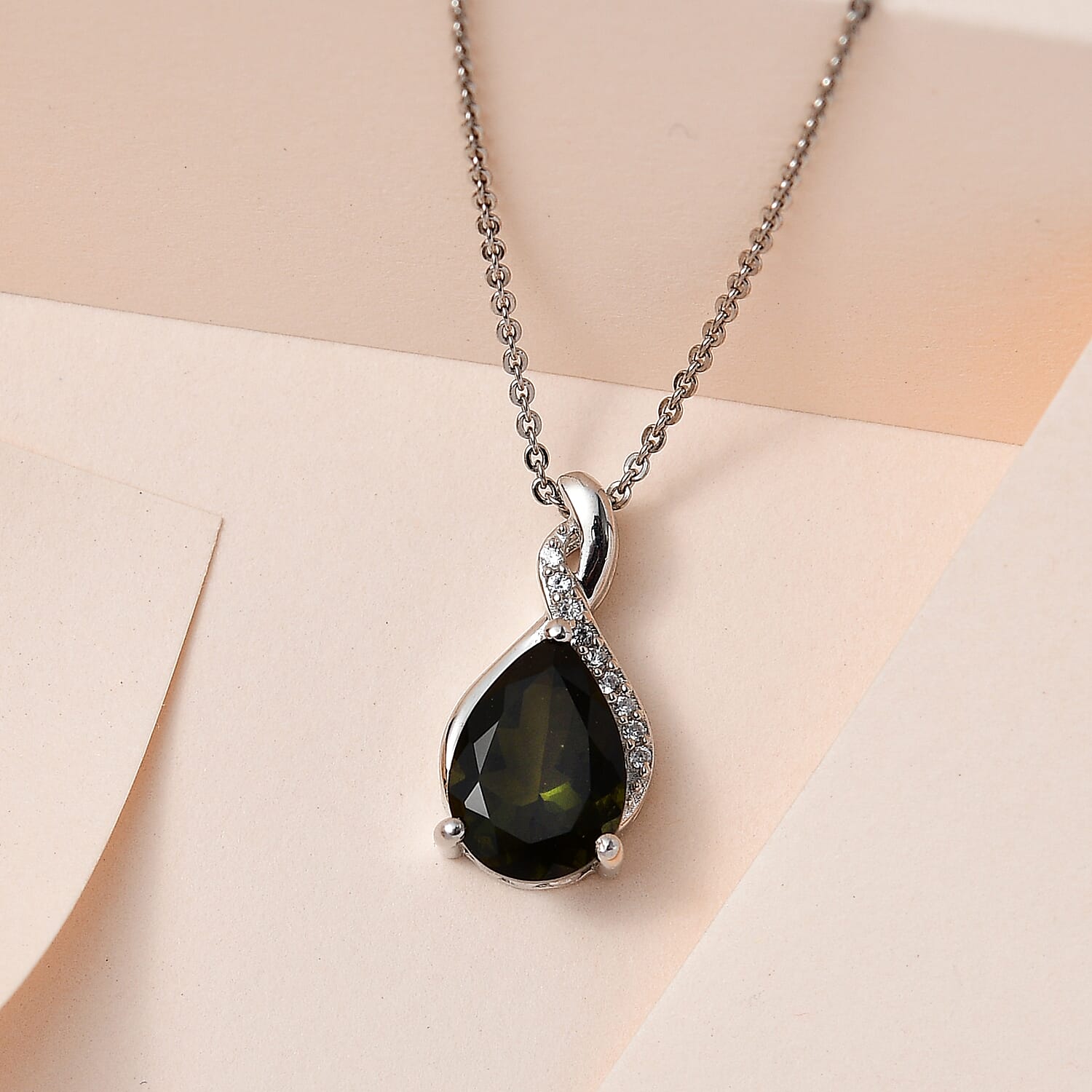 Moldavite & Natural Zircon Pendant with Chain (Size 20) in Platinum Overlay Sterling Silver 2.46 Ct.