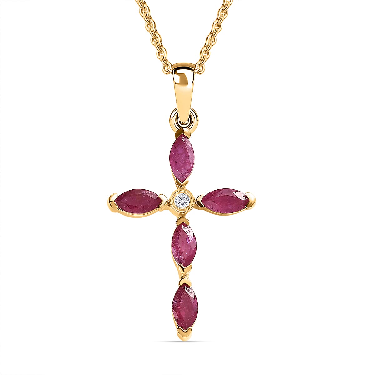 Niassa Ruby & Natural Zircon Cross Pendant with Chain (Size 20) in 18K Yellow Gold Vermeil Plated Sterling Silver 1.83 Ct.