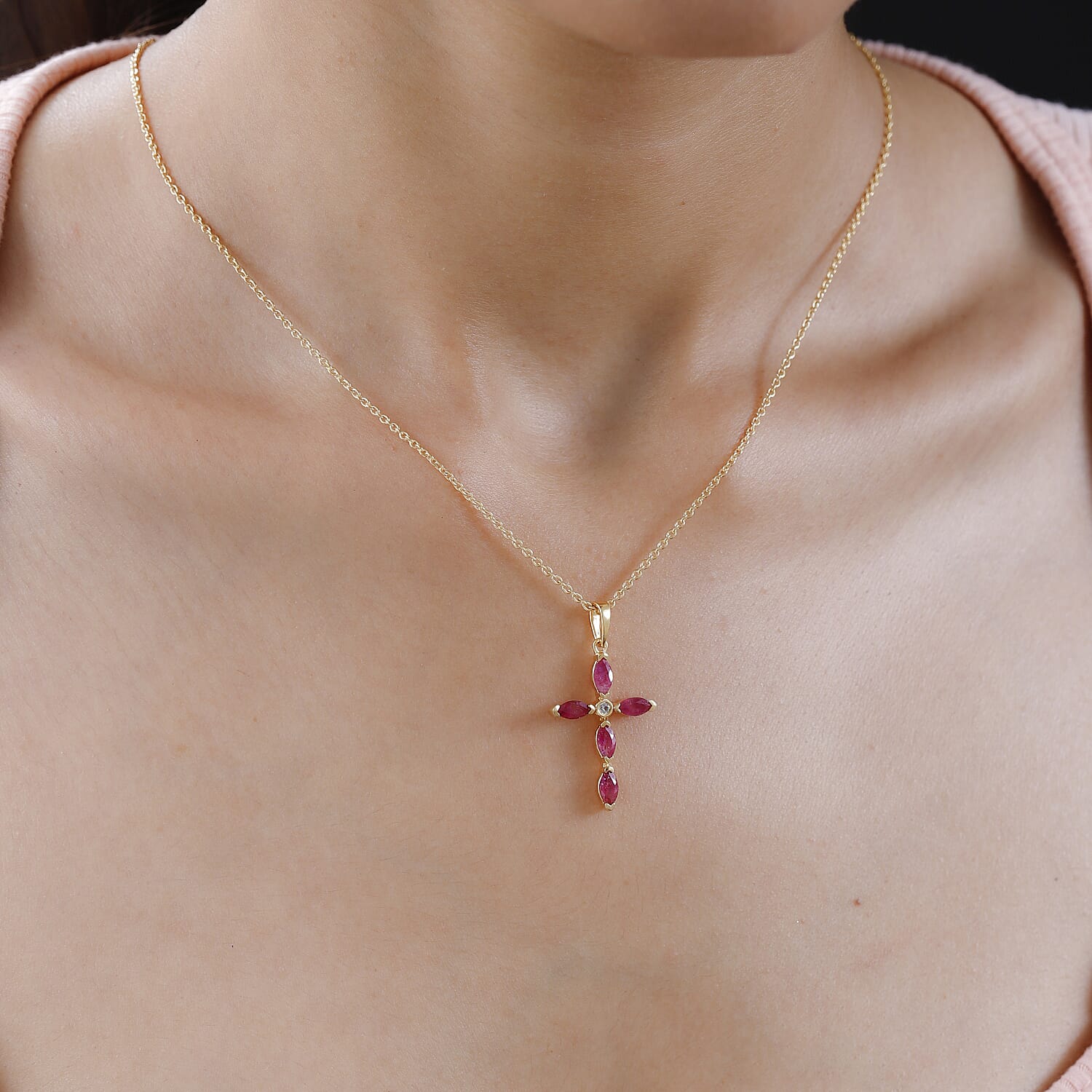Niassa Ruby & Natural Zircon Cross Pendant with Chain (Size 20) in 18K Yellow Gold Vermeil Plated Sterling Silver 1.83 Ct.
