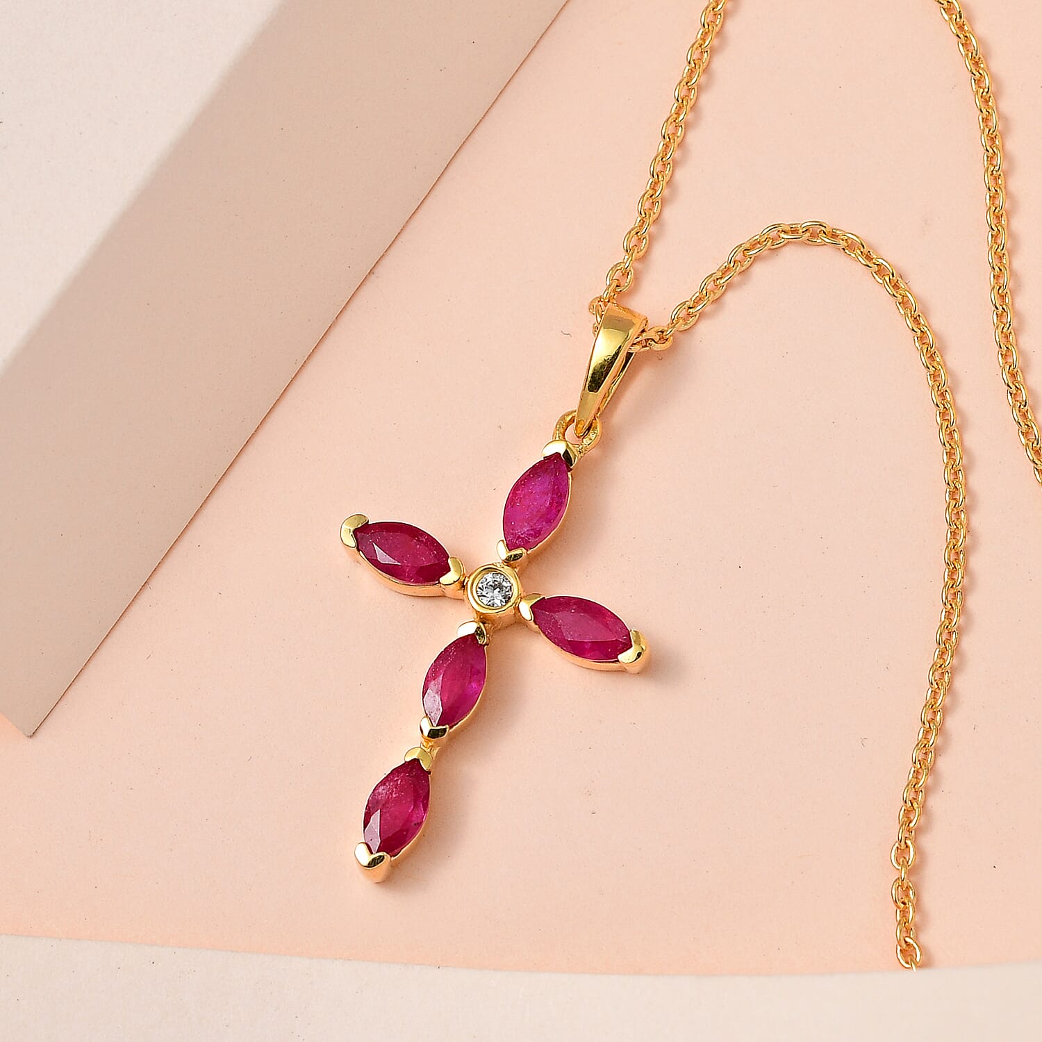 Niassa Ruby & Natural Zircon Cross Pendant with Chain (Size 20) in 18K Yellow Gold Vermeil Plated Sterling Silver 1.83 Ct.