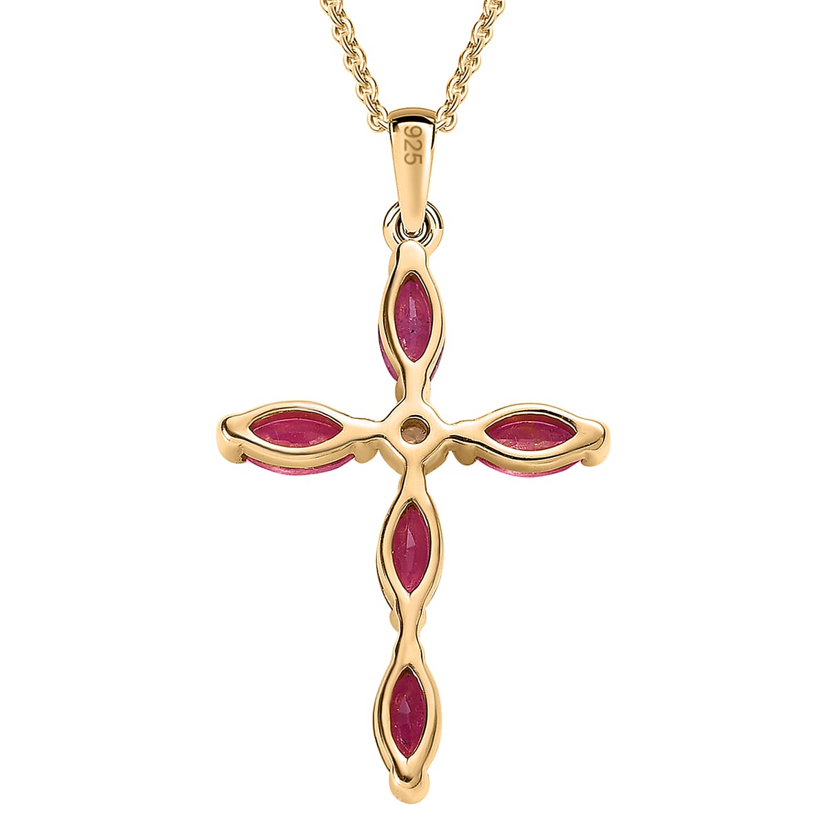Niassa Ruby & Natural Zircon Cross Pendant with Chain (Size 20) in 18K Yellow Gold Vermeil Plated Sterling Silver 1.83 Ct.