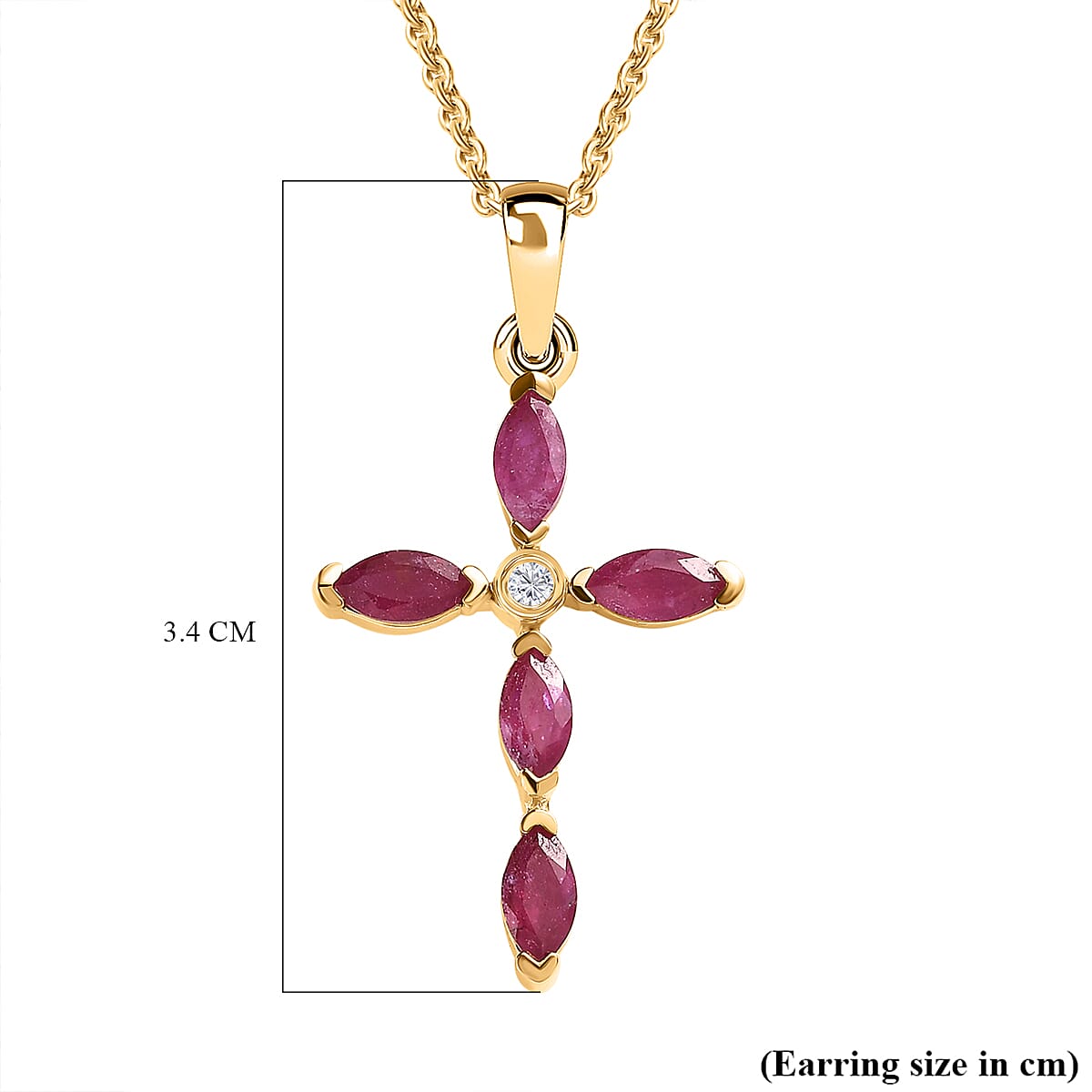 Niassa Ruby & Natural Zircon Cross Pendant with Chain (Size 20) in 18K Yellow Gold Vermeil Plated Sterling Silver 1.83 Ct.