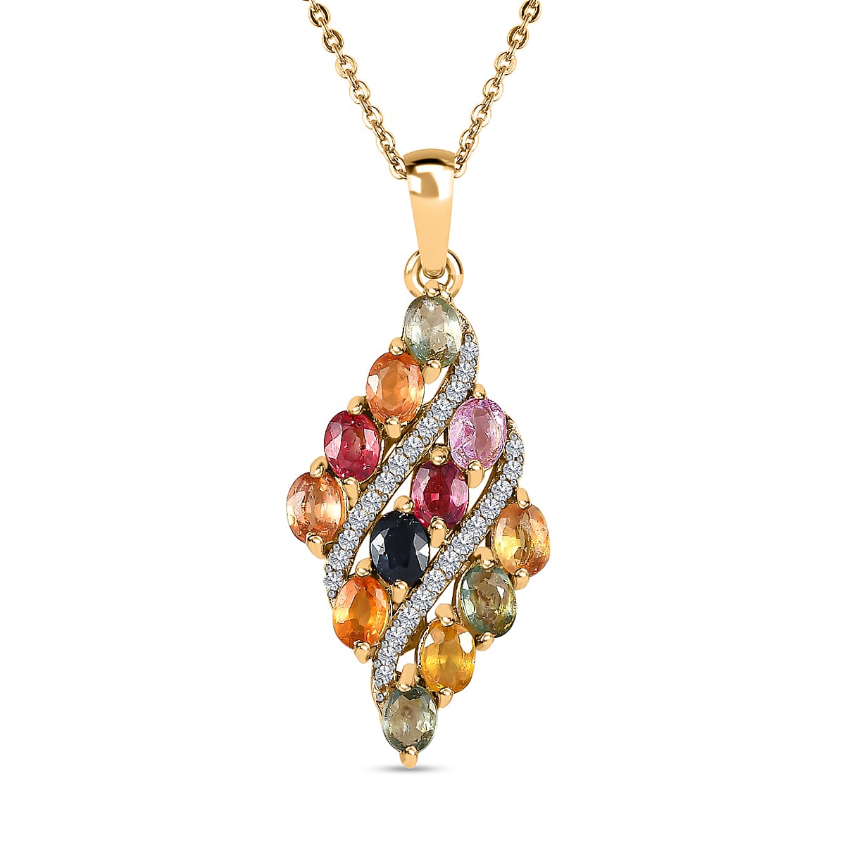 Rainbow Sapphire and Natural Zircon Cluster Pendant with Chain (Size 20) in 18K Vermeil Yellow Gold Plated Sterling Silver 3.02 Ct