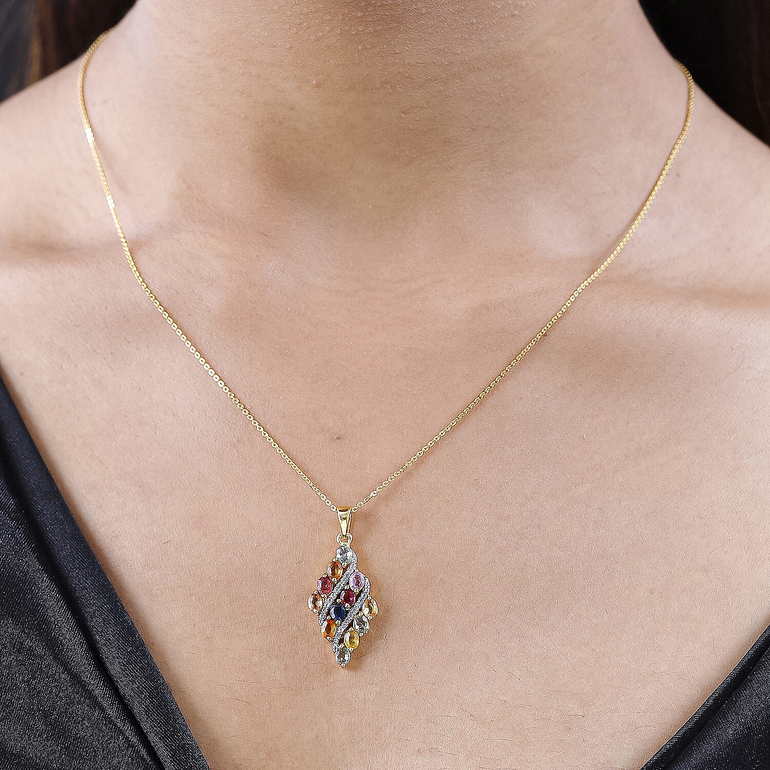 Rainbow Sapphire and Natural Zircon Cluster Pendant with Chain (Size 20) in 18K Vermeil Yellow Gold Plated Sterling Silver 3.02 Ct
