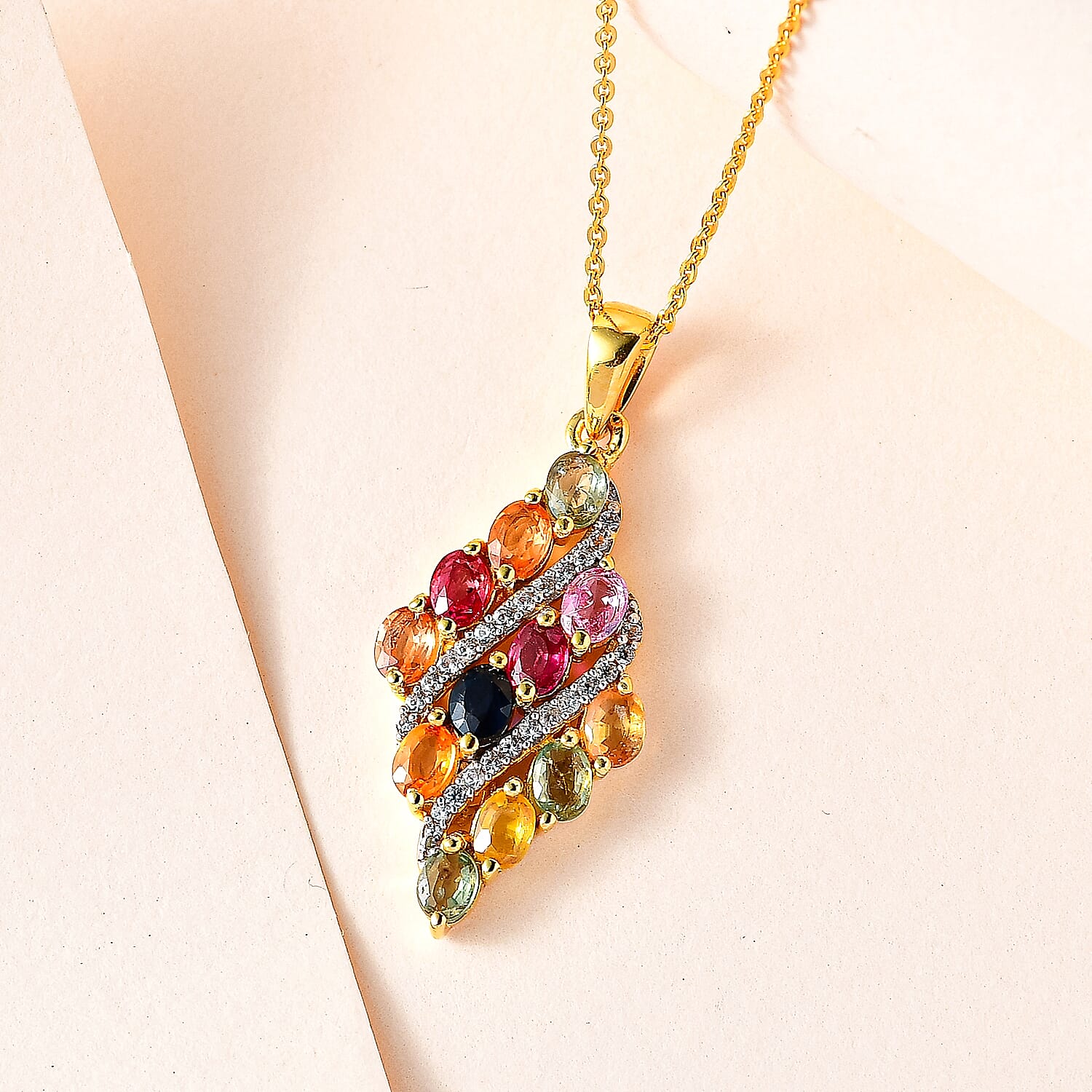 Rainbow Sapphire and Natural Zircon Cluster Pendant with Chain (Size 20) in 18K Vermeil Yellow Gold Plated Sterling Silver 3.02 Ct