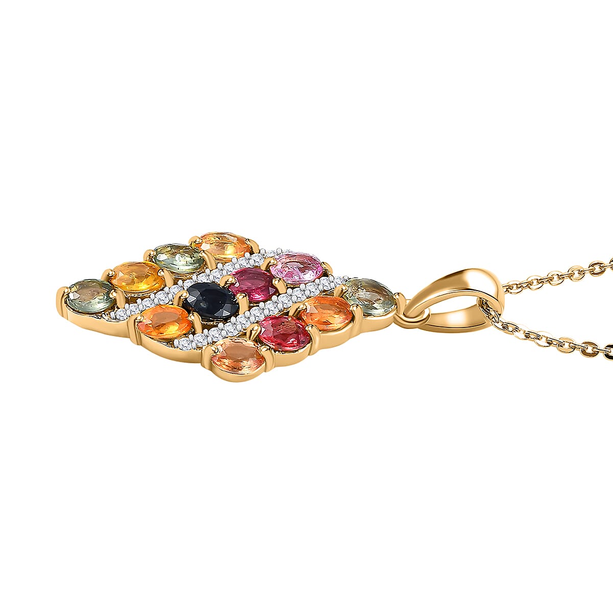 Rainbow Sapphire and Natural Zircon Cluster Pendant with Chain (Size 20) in 18K Vermeil Yellow Gold Plated Sterling Silver 3.02 Ct