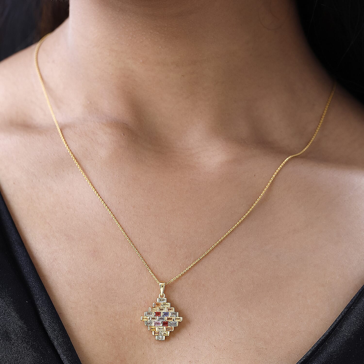 Rainbow Sapphire Pendant with Chain (Size 20) in 18K Vermeil Yellow Gold Plated Sterling Silver 2.50 Ct.