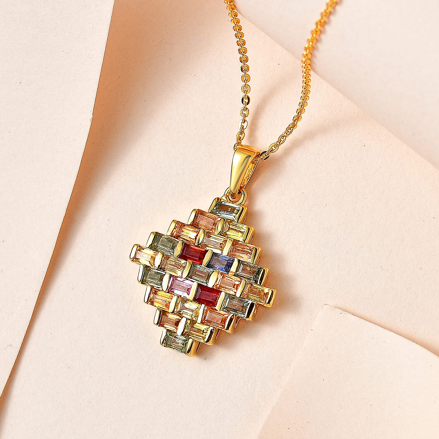 Rainbow Sapphire Pendant with Chain (Size 20) in 18K Vermeil Yellow Gold Plated Sterling Silver 2.50 Ct.