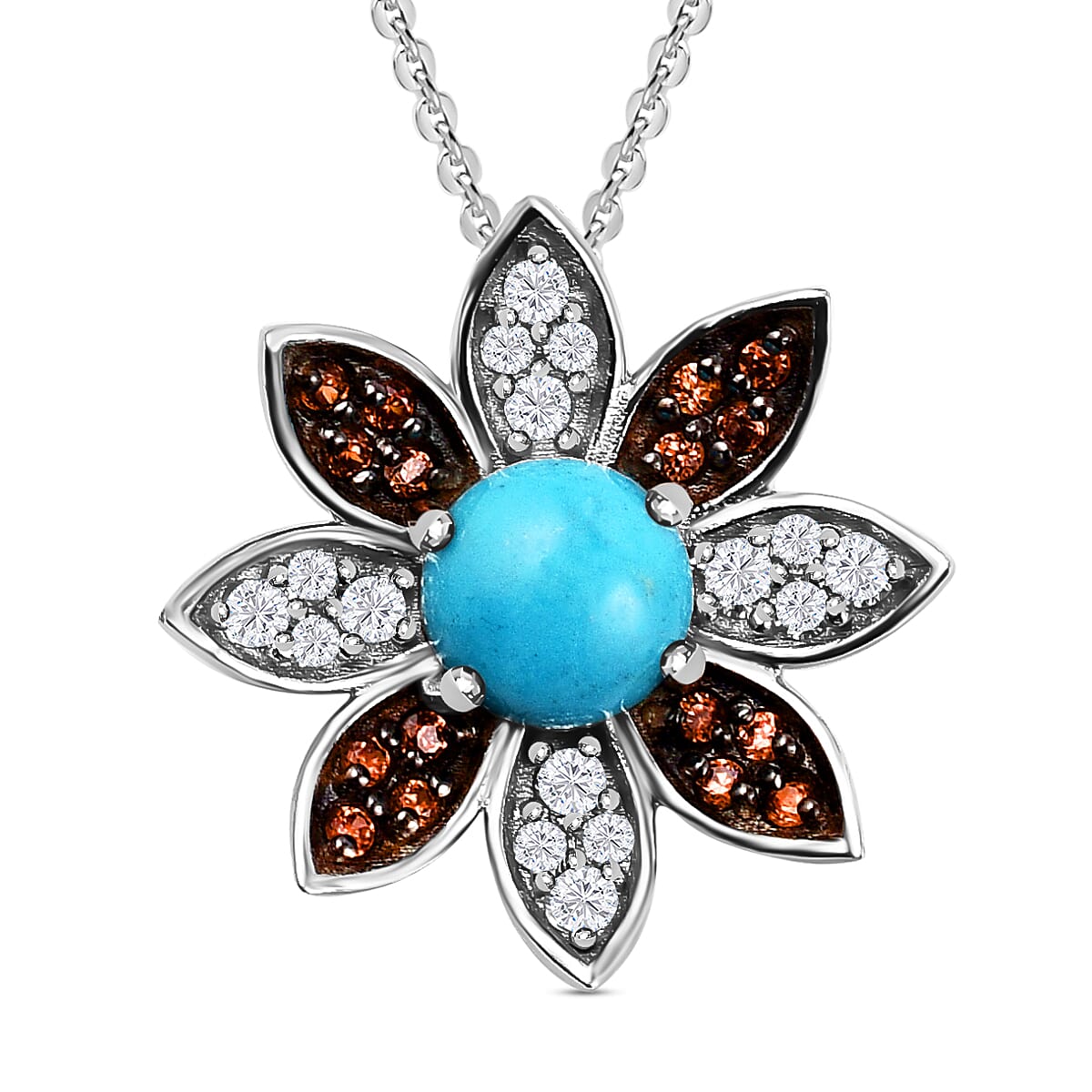 Arizona Sleeping Beauty Turquoise, Natural Zircon & Brown Zircon Floral Pendant with Chain (Size 20) in Platinum Overlay Sterling Silver 2.33 Ct.