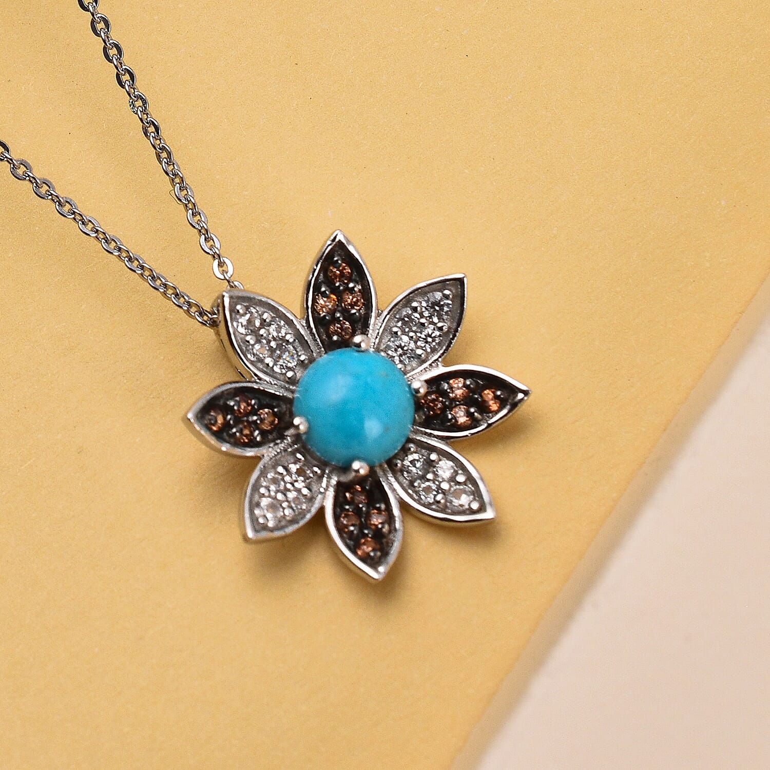 Arizona Sleeping Beauty Turquoise, Natural Zircon & Brown Zircon Floral Pendant with Chain (Size 20) in Platinum Overlay Sterling Silver 2.33 Ct.