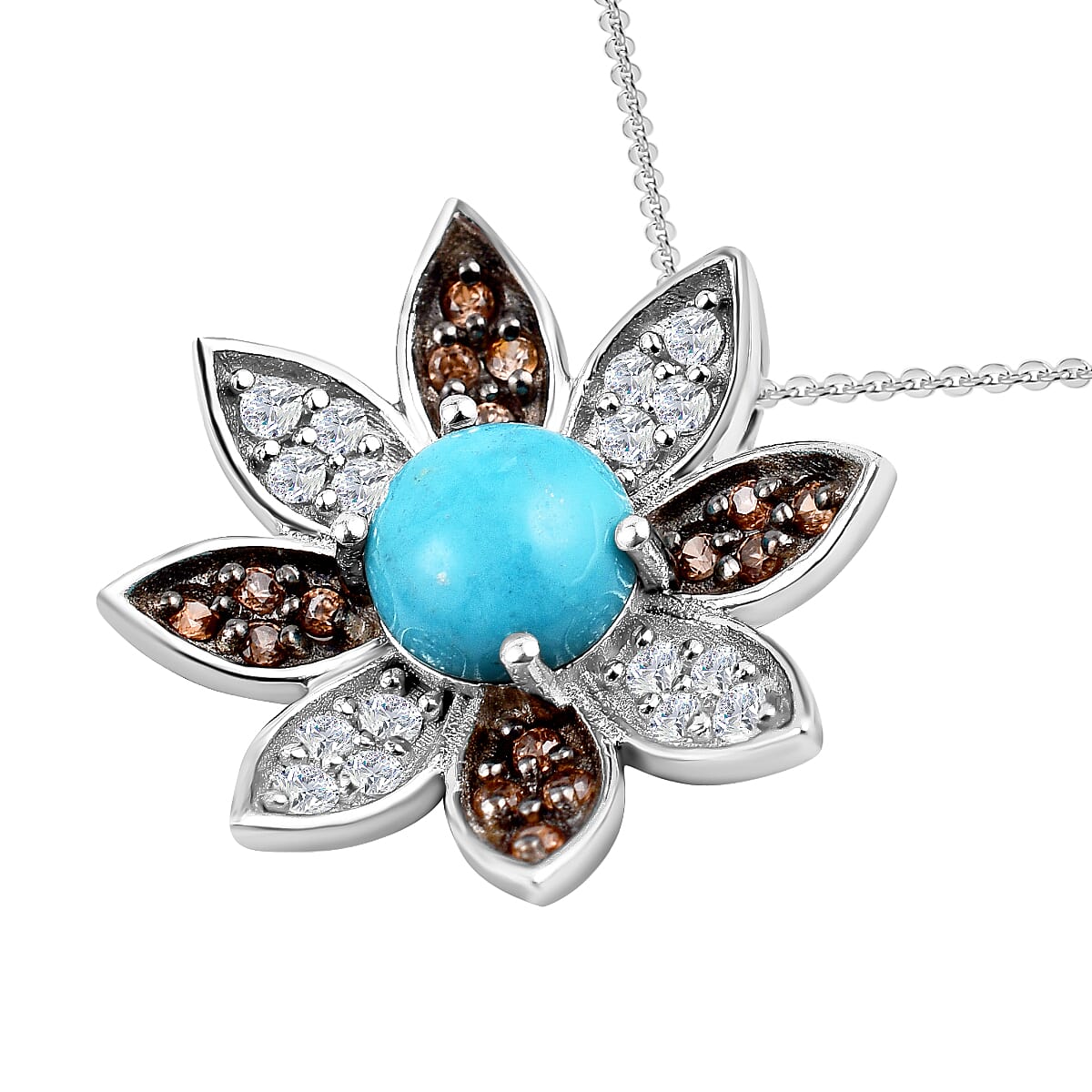 Arizona Sleeping Beauty Turquoise, Natural Zircon & Brown Zircon Floral Pendant with Chain (Size 20) in Platinum Overlay Sterling Silver 2.33 Ct.
