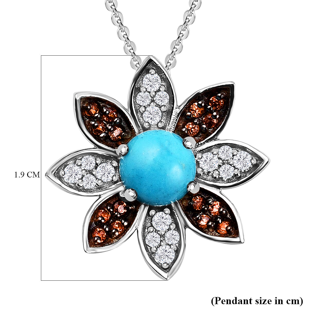 Arizona Sleeping Beauty Turquoise, Natural Zircon & Brown Zircon Floral Pendant with Chain (Size 20) in Platinum Overlay Sterling Silver 2.33 Ct.