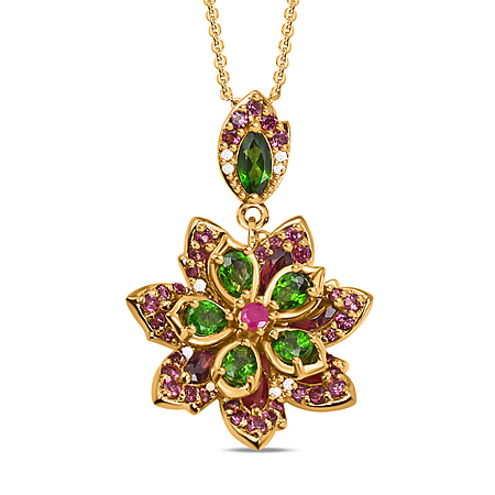 GP Italian Garden Collection - Natural Chrome Diopside & Multi Gemstone Pendant with Chain (Size 20) in 18K Yellow Gold Vermeil Plated Sterling Silver 3.96 Ct