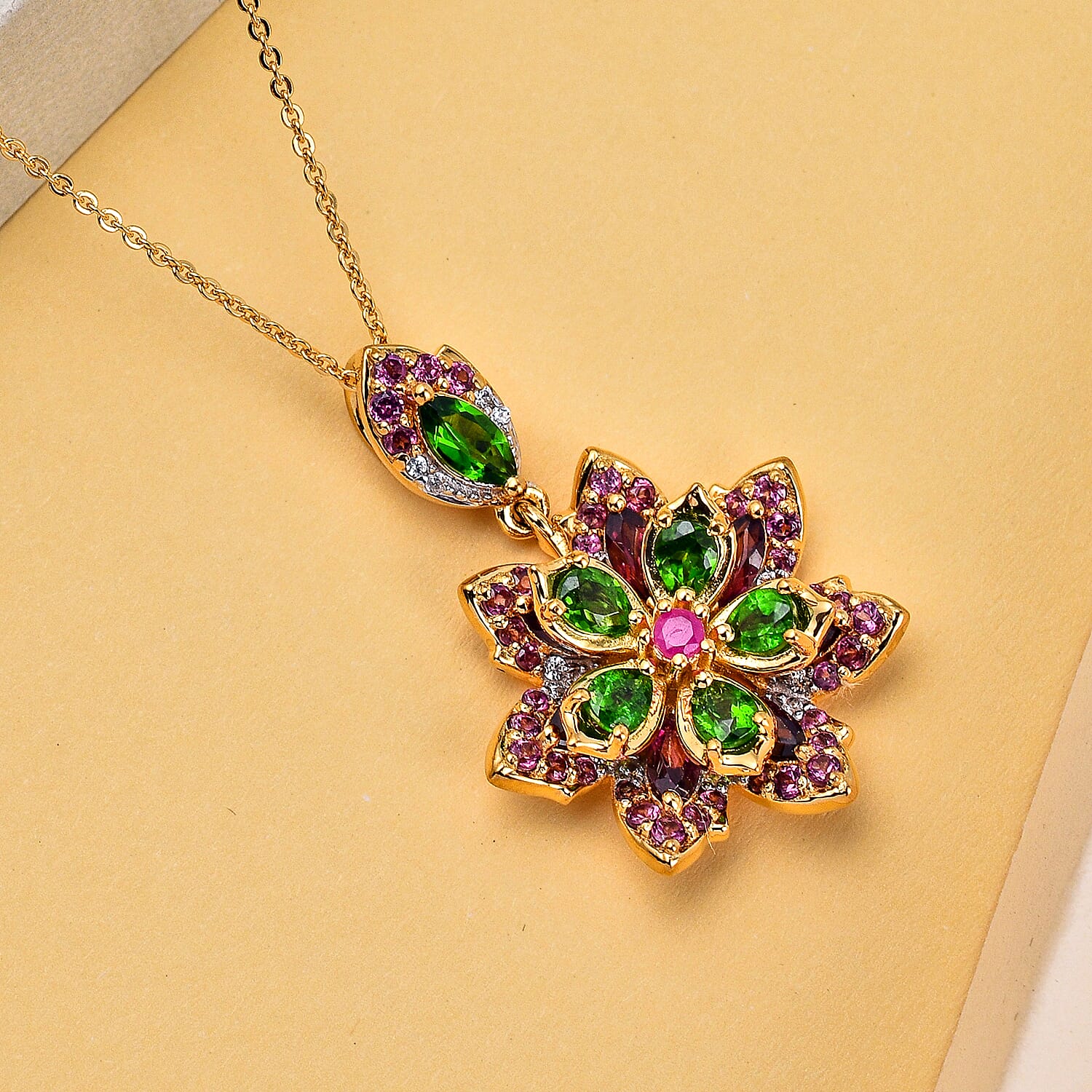 GP Italian Garden Collection - Natural Chrome Diopside & Multi Gemstone Pendant with Chain (Size 20) in 18K Yellow Gold Vermeil Plated Sterling Silver 3.96 Ct
