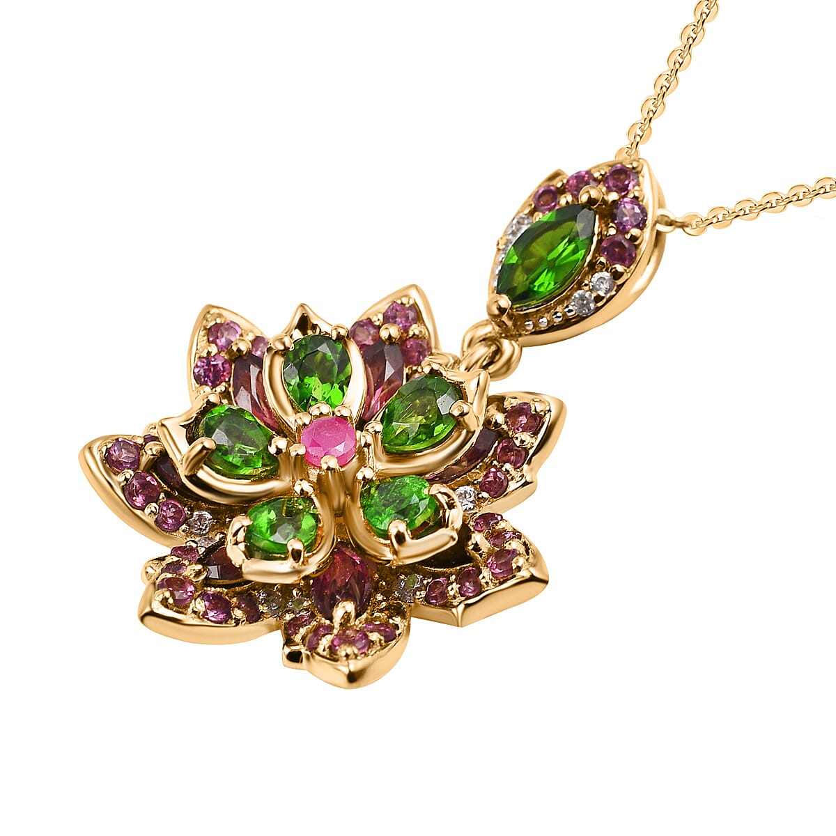 GP Italian Garden Collection - Natural Chrome Diopside & Multi Gemstone Pendant with Chain (Size 20) in 18K Yellow Gold Vermeil Plated Sterling Silver 3.96 Ct