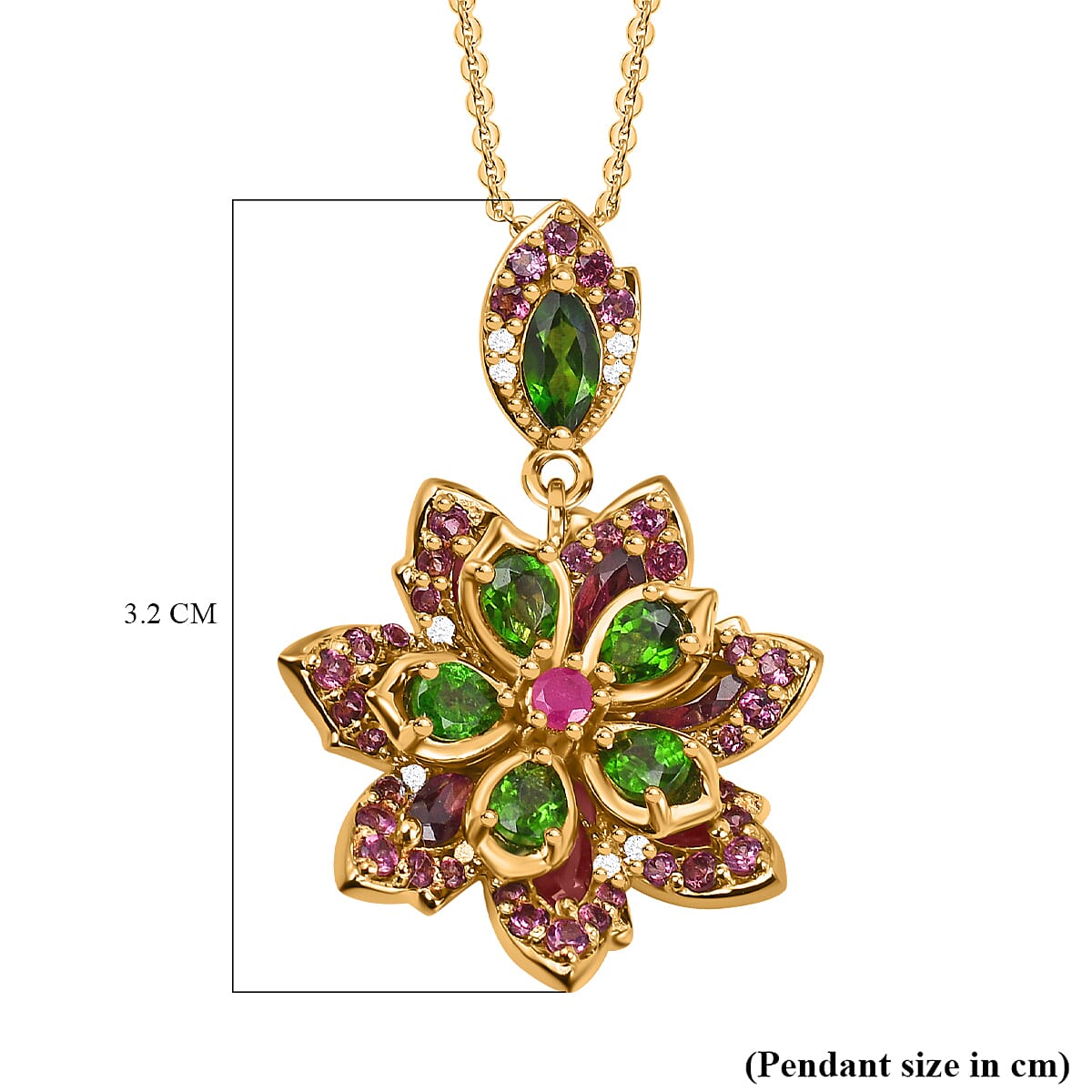 GP Italian Garden Collection - Natural Chrome Diopside & Multi Gemstone Pendant with Chain (Size 20) in 18K Yellow Gold Vermeil Plated Sterling Silver 3.96 Ct