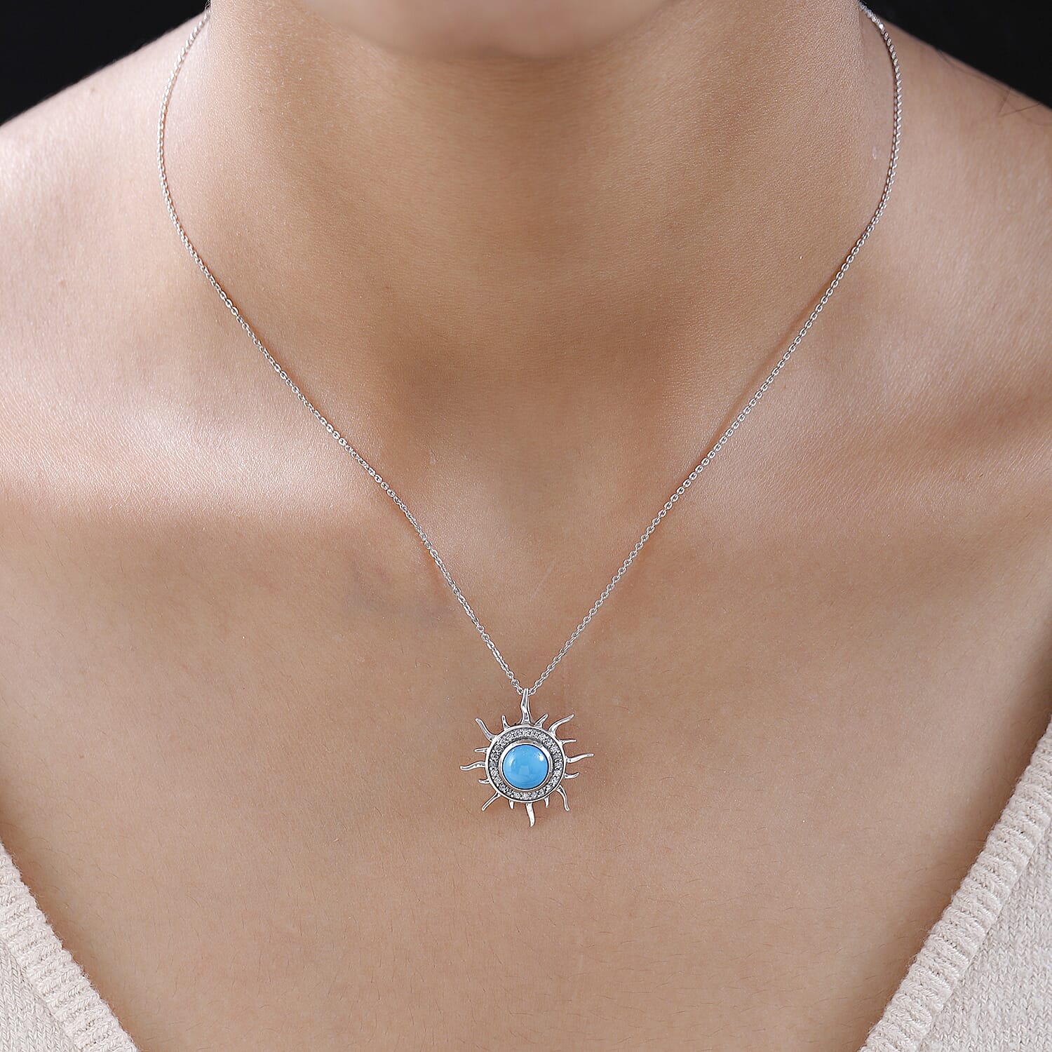 Arizona Sleeping Beauty Turquoise & Natural Zircon Sun Pendant with Chain (Size 20) in Platinum Overlay Sterling Silver 1.43 Ct.