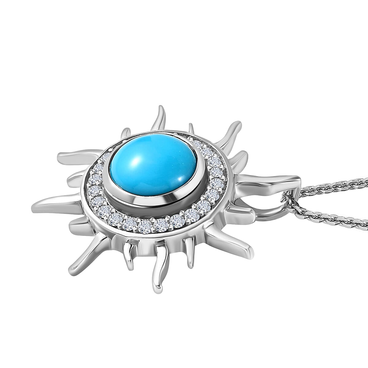 Arizona Sleeping Beauty Turquoise & Natural Zircon Sun Pendant with Chain (Size 20) in Platinum Overlay Sterling Silver 1.43 Ct.
