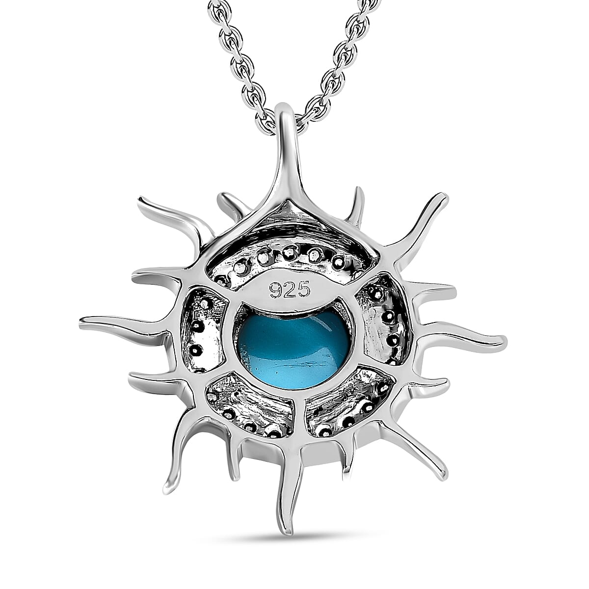 Arizona Sleeping Beauty Turquoise & Natural Zircon Sun Pendant with Chain (Size 20) in Platinum Overlay Sterling Silver 1.43 Ct.