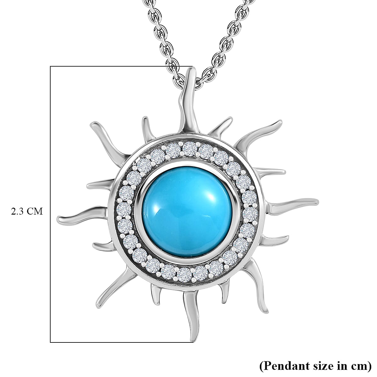 Arizona Sleeping Beauty Turquoise & Natural Zircon Sun Pendant with Chain (Size 20) in Platinum Overlay Sterling Silver 1.43 Ct.