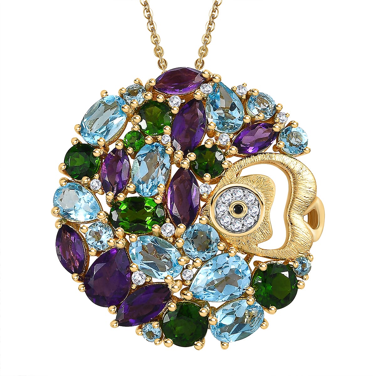 GP Sea Life Collection - Natural Chrome Diopside & Multi Gemstone Pendant with Chain (Size 20) in 18K Yellow Gold Vermeil Plated Sterling Silver 9.8 Ct