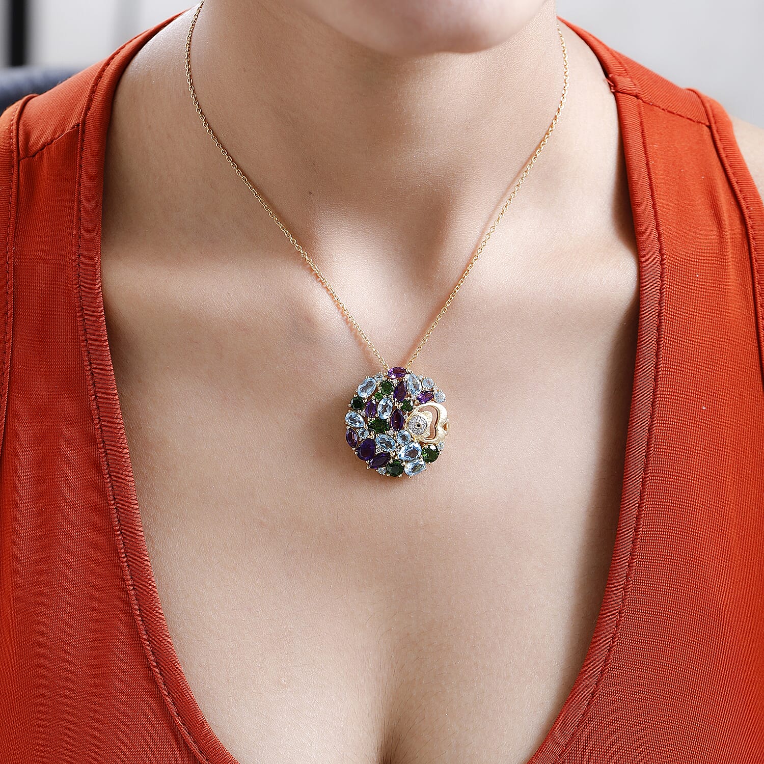 GP Sea Life Collection - Natural Chrome Diopside & Multi Gemstone Pendant with Chain (Size 20) in 18K Yellow Gold Vermeil Plated Sterling Silver 9.8 Ct