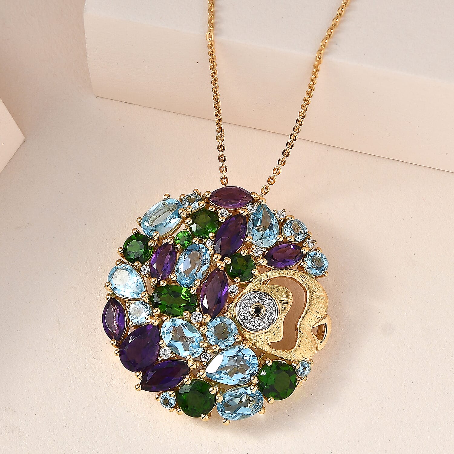 GP Sea Life Collection - Natural Chrome Diopside & Multi Gemstone Pendant with Chain (Size 20) in 18K Yellow Gold Vermeil Plated Sterling Silver 9.8 Ct