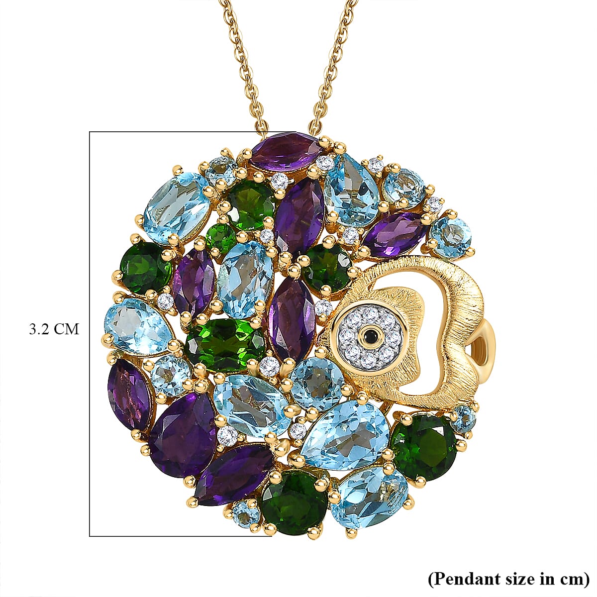 GP Sea Life Collection - Natural Chrome Diopside & Multi Gemstone Pendant with Chain (Size 20) in 18K Yellow Gold Vermeil Plated Sterling Silver 9.8 Ct