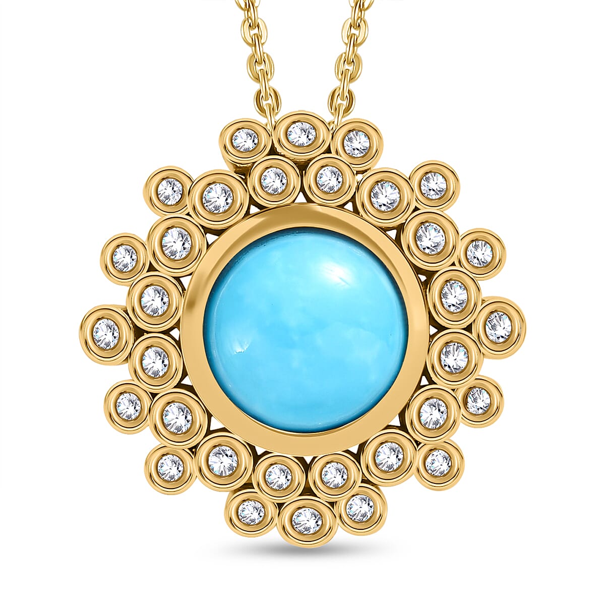 Arizona Sleeping Beauty Turquoise & Natural Zircon Pendant with Chain (Size 20) in 18K Yellow Gold Vermeil Plated Sterling Silver 2.44 Ct.