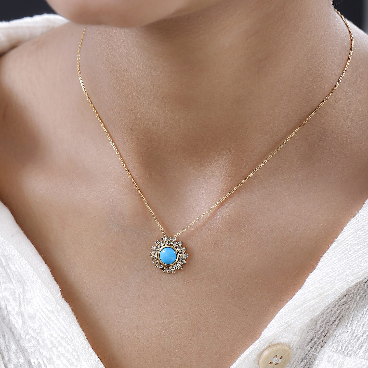 Arizona Sleeping Beauty Turquoise & Natural Zircon Pendant with Chain (Size 20) in 18K Yellow Gold Vermeil Plated Sterling Silver 2.44 Ct.