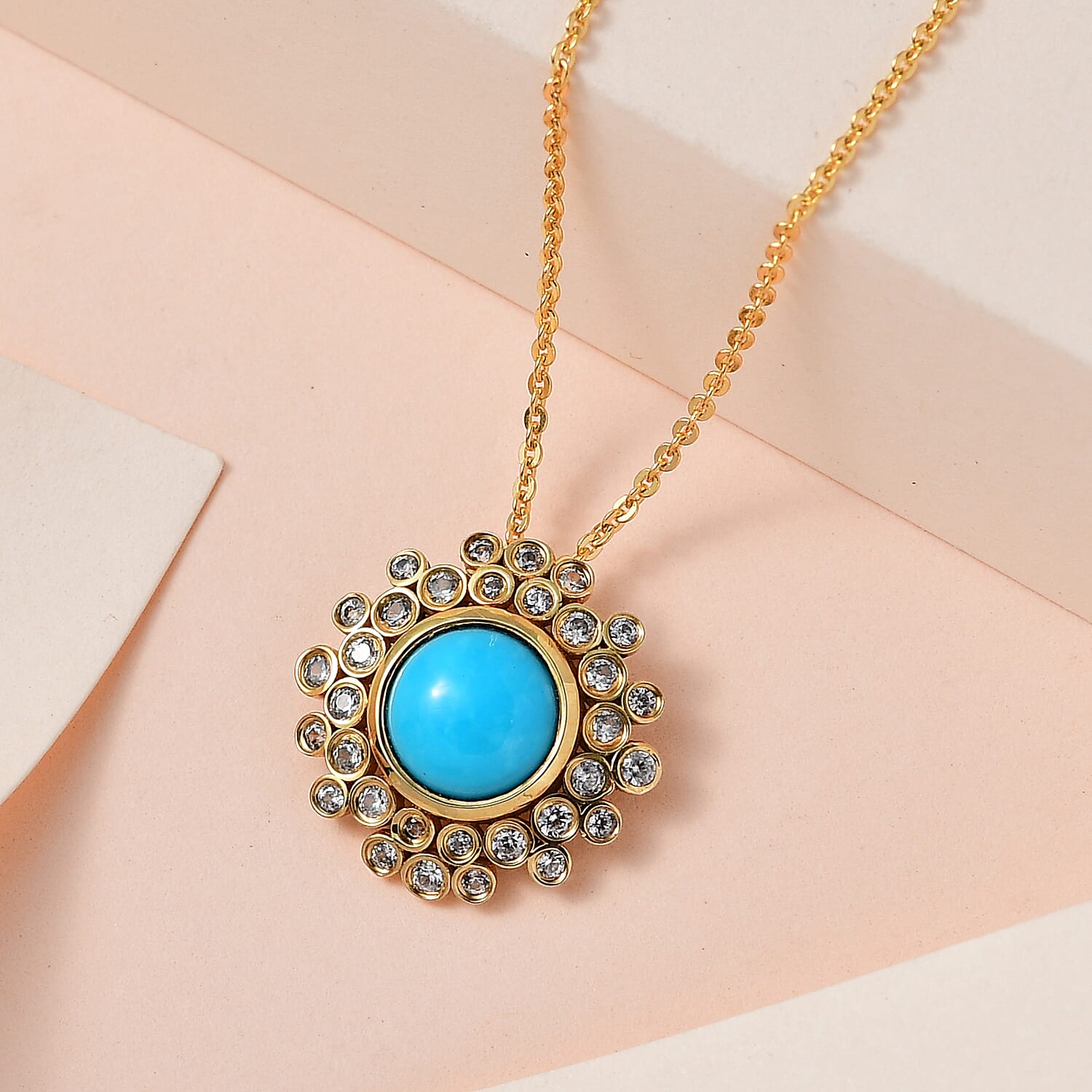 Arizona Sleeping Beauty Turquoise & Natural Zircon Pendant with Chain (Size 20) in 18K Yellow Gold Vermeil Plated Sterling Silver 2.44 Ct.