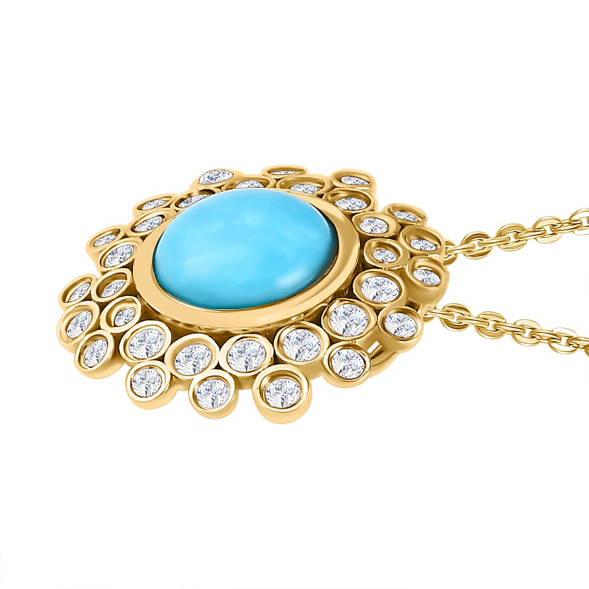 Arizona Sleeping Beauty Turquoise & Natural Zircon Pendant with Chain (Size 20) in 18K Yellow Gold Vermeil Plated Sterling Silver 2.44 Ct.