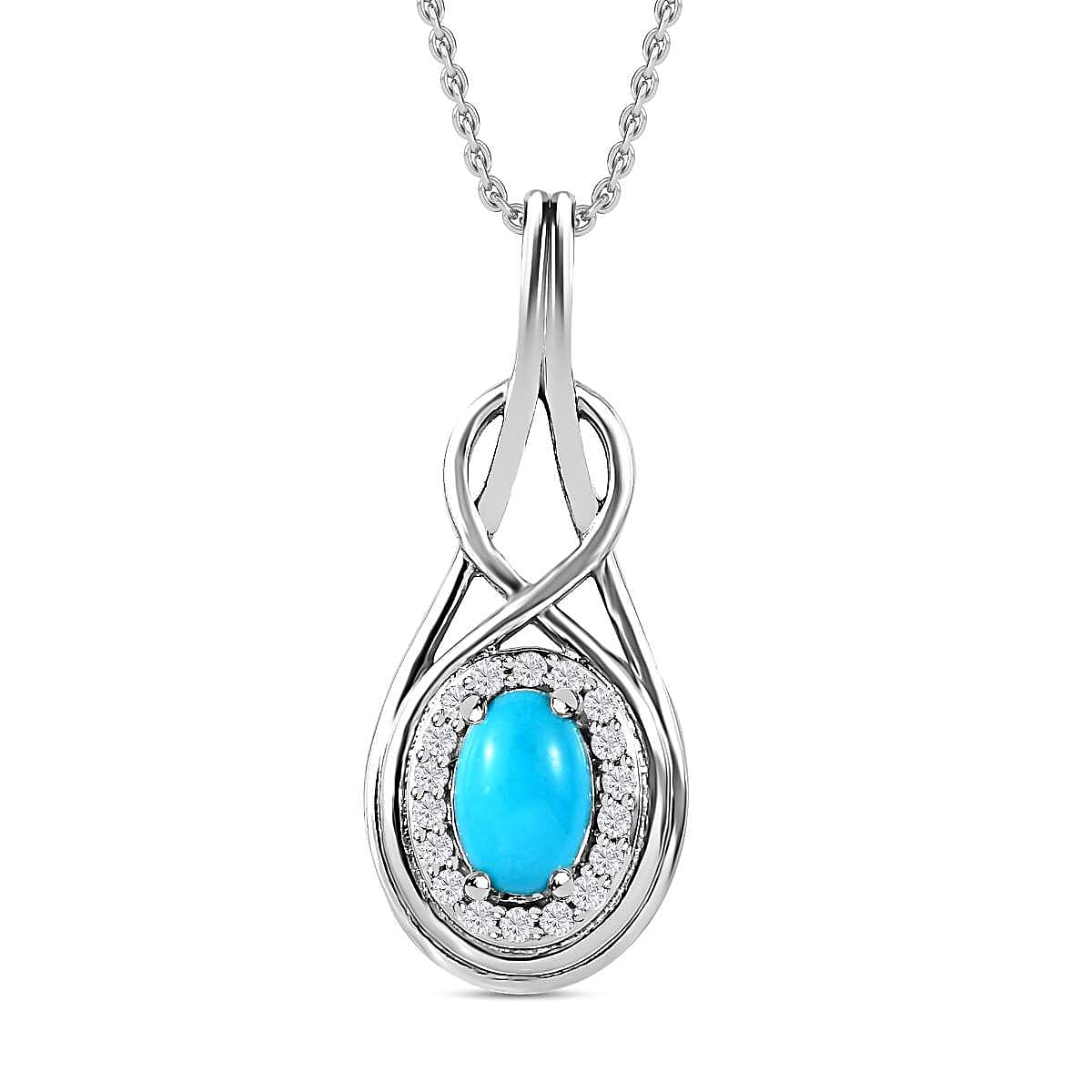Arizona Sleeping Beauty Turquoise & Natural Zircon Platinum Overlay Sterling Silver Pendant with Stainless Steel Chain (Size 20)