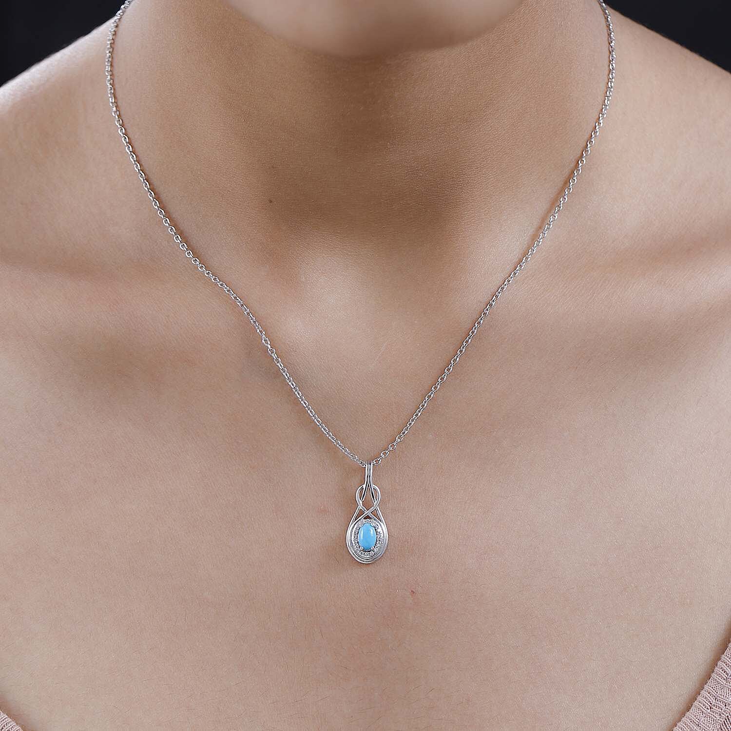 Arizona Sleeping Beauty Turquoise & Natural Zircon Platinum Overlay Sterling Silver Pendant with Stainless Steel Chain (Size 20)