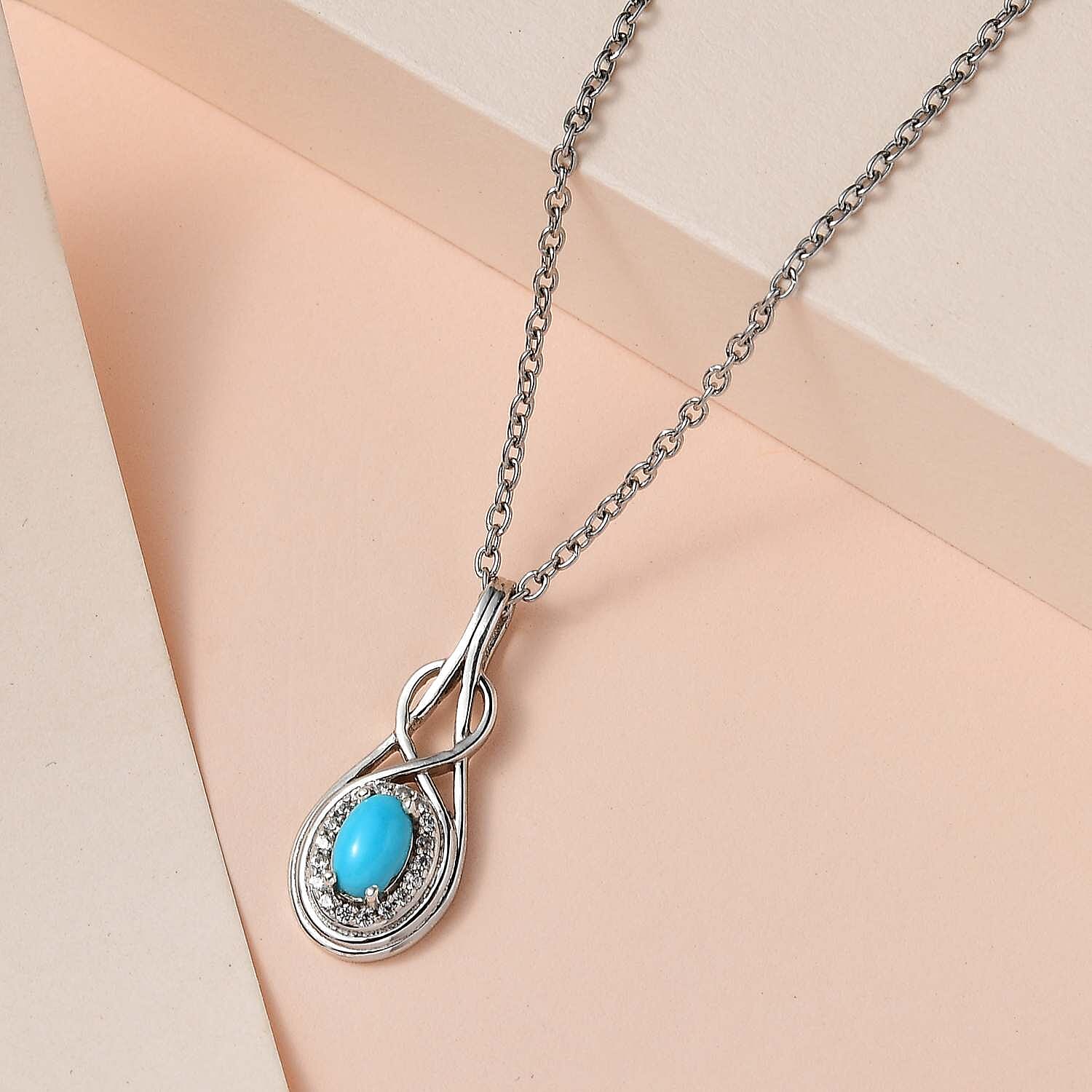 Arizona Sleeping Beauty Turquoise & Natural Zircon Platinum Overlay Sterling Silver Pendant with Stainless Steel Chain (Size 20)