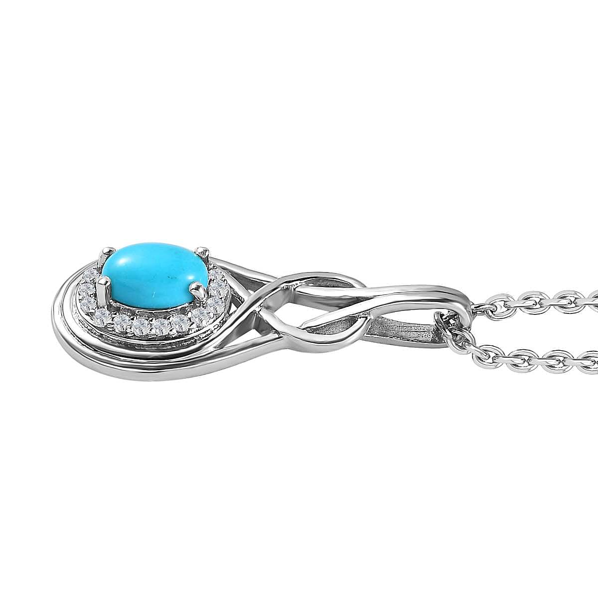 Arizona Sleeping Beauty Turquoise & Natural Zircon Platinum Overlay Sterling Silver Pendant with Stainless Steel Chain (Size 20)