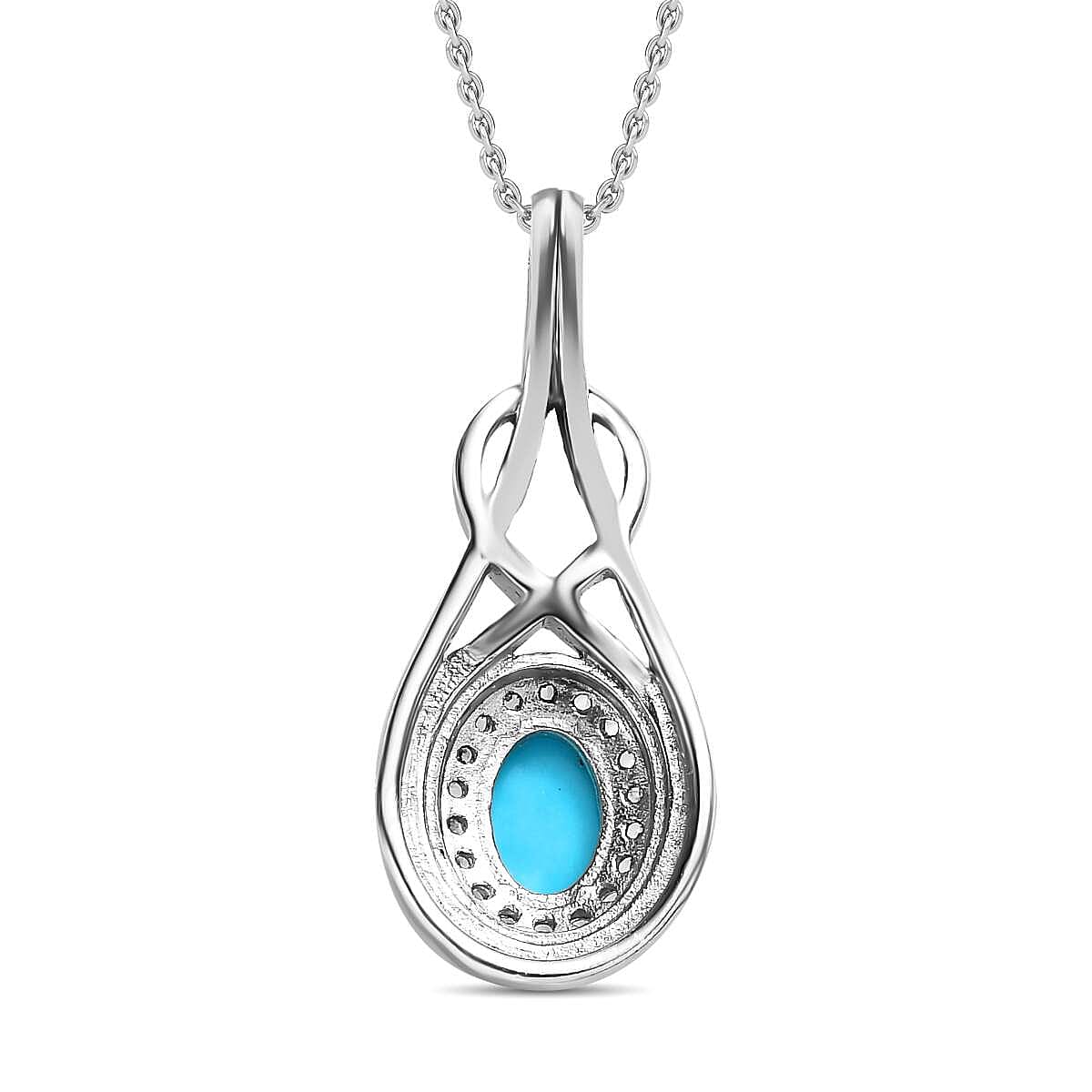 Arizona Sleeping Beauty Turquoise & Natural Zircon Platinum Overlay Sterling Silver Pendant with Stainless Steel Chain (Size 20)