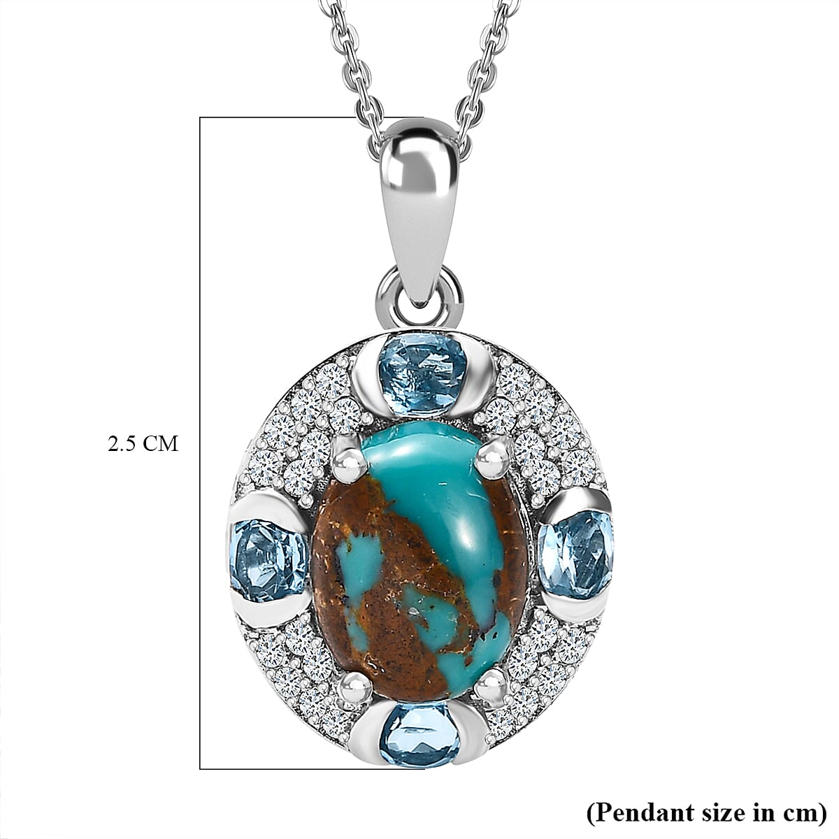 Sierra Nevada Turquoise, Swiss Blue Topaz & Natural Zircon Pendant with Chain (Size 20) in Platinum Overlay Sterling Silver 3.83 Ct