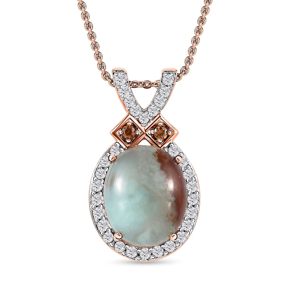 Zimbaprase, Natural White Zircon and Brown Zircon Pendant with Chain (Size 20) in 18K Rose Gold Vermeil Plated Sterling Silver 5.55 Ct