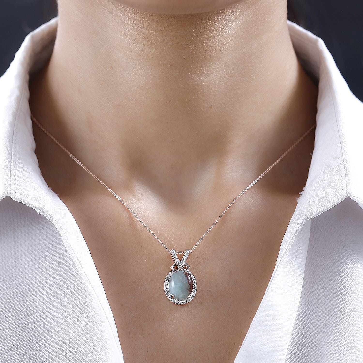 Zimbaprase, Natural White Zircon and Brown Zircon Pendant with Chain (Size 20) in 18K Rose Gold Vermeil Plated Sterling Silver 5.55 Ct