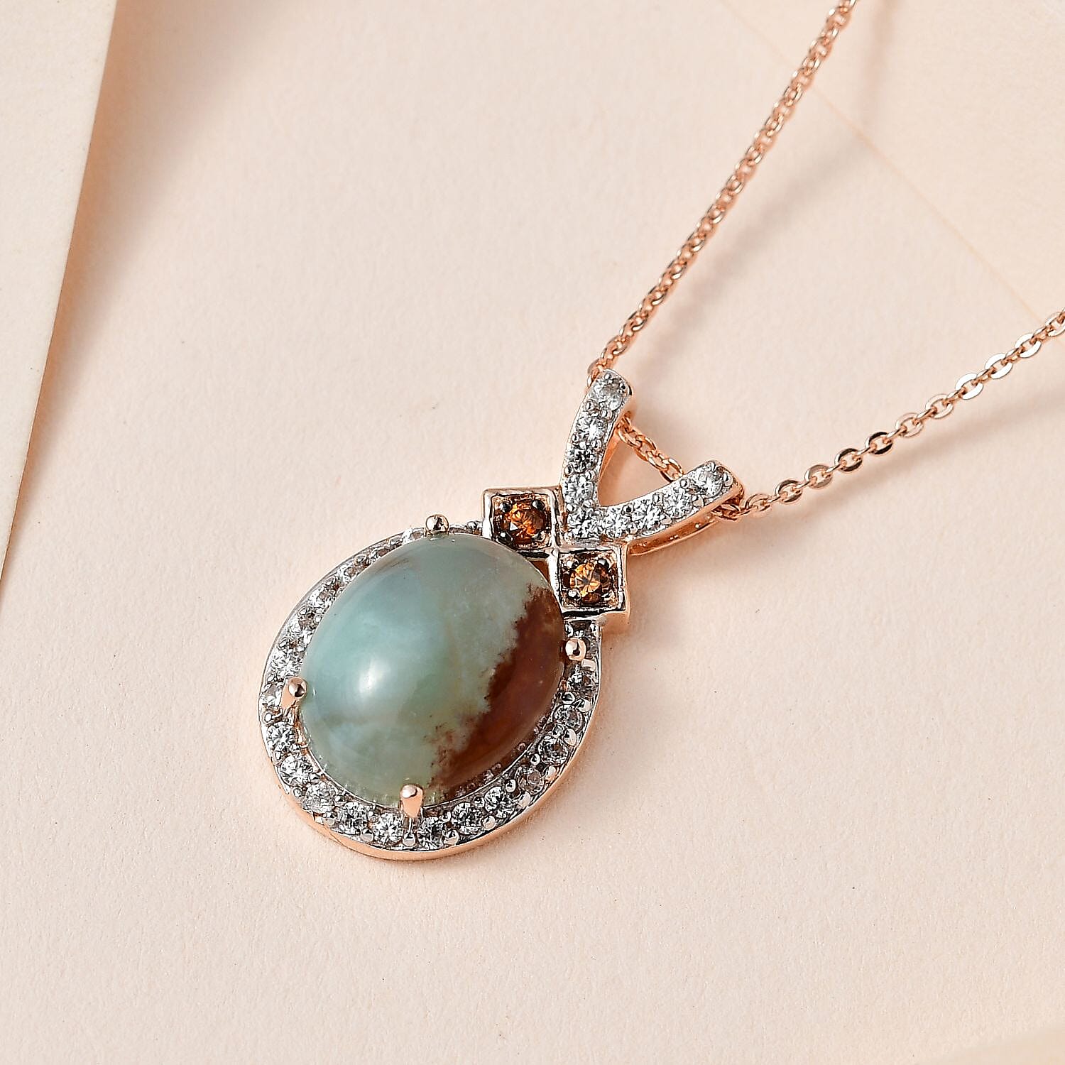 Zimbaprase, Natural White Zircon and Brown Zircon Pendant with Chain (Size 20) in 18K Rose Gold Vermeil Plated Sterling Silver 5.55 Ct