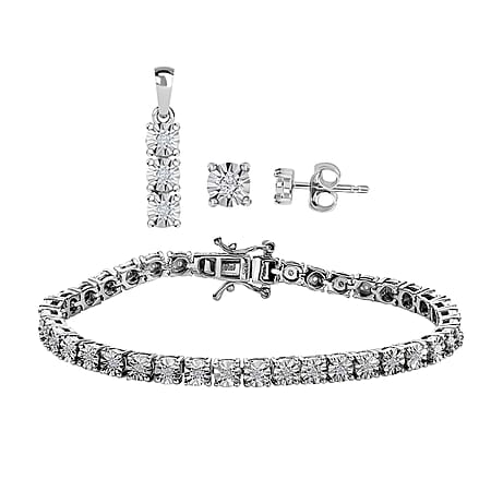 3 Piece Set - Diamond (0.250ct) Box Bracelet (Size 6.5), Earrings and Pendant in Platinum Overlay Sterling Silver