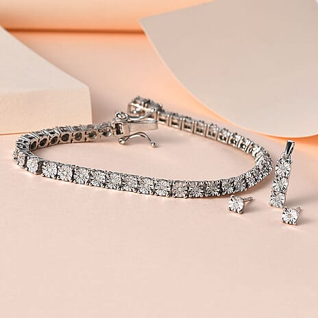 Cyber Monday Deal - 3 Piece Set - Diamond (0.250ct) Box Bracelet (Size 6.5), Earrings and Pendant in Platinum Overlay Sterling Silver